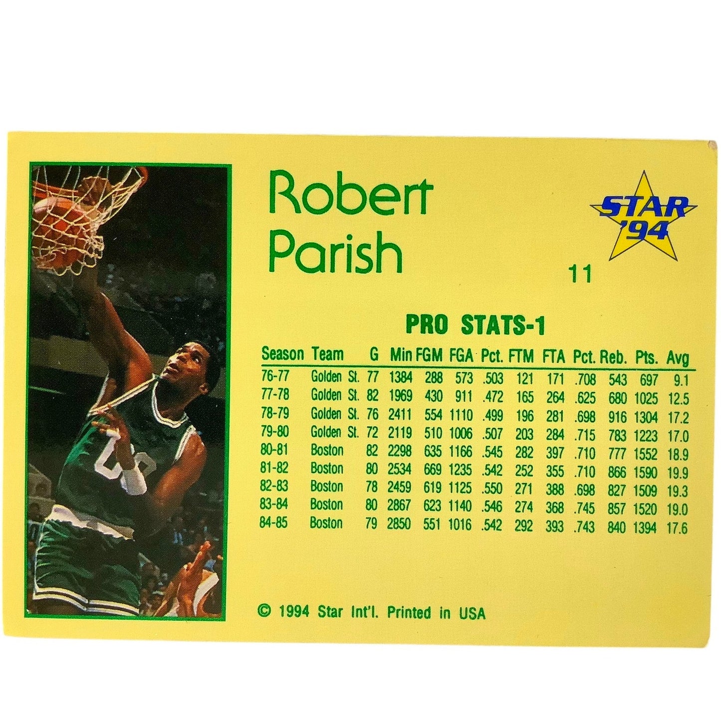 Robert Parish, Golden State and Boston, 1994 Star Int'l Pro Stats Card 11, EXC