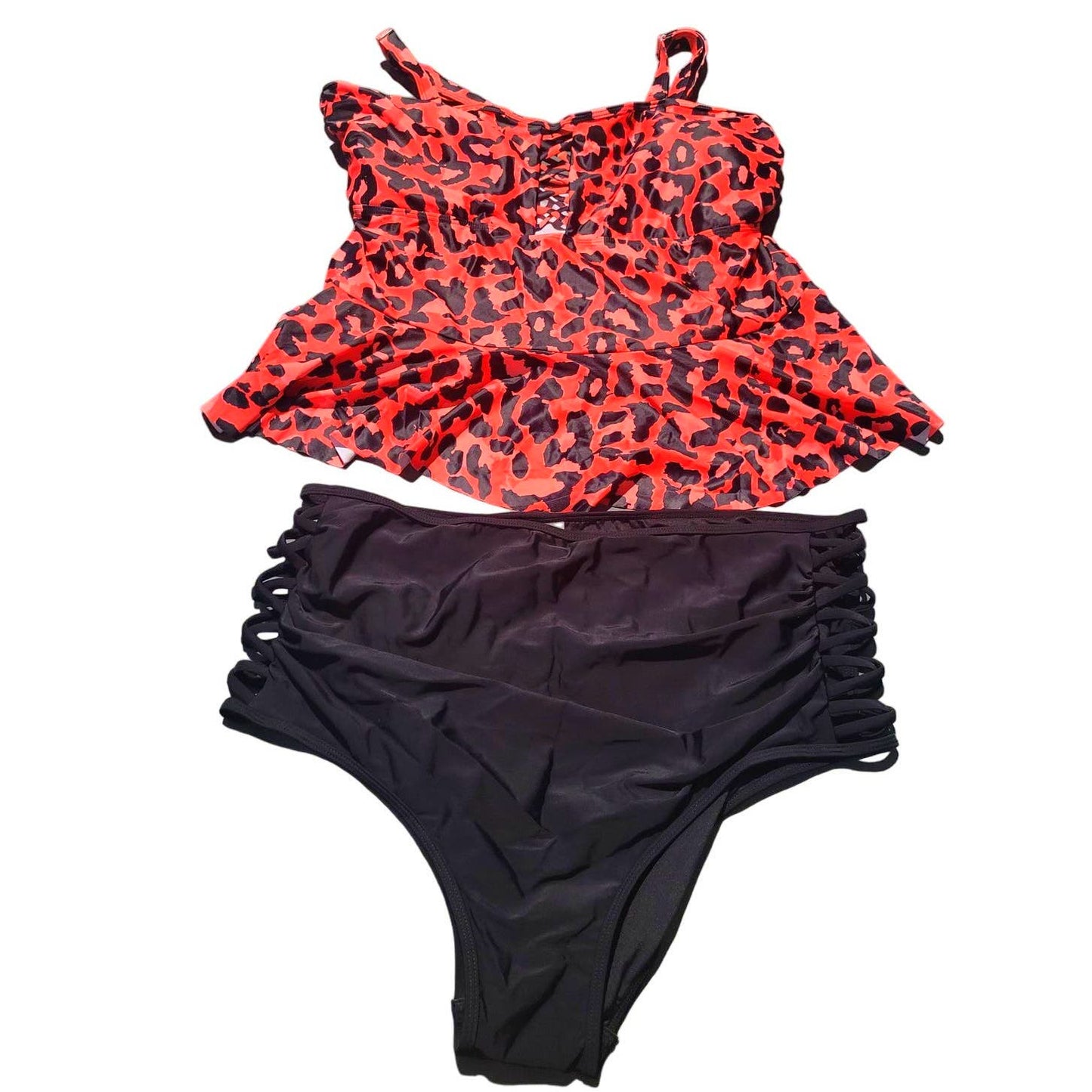Tummy Control Two Piece Suit Peplum Tankini Tops High Waisted Red Leopard 22plus