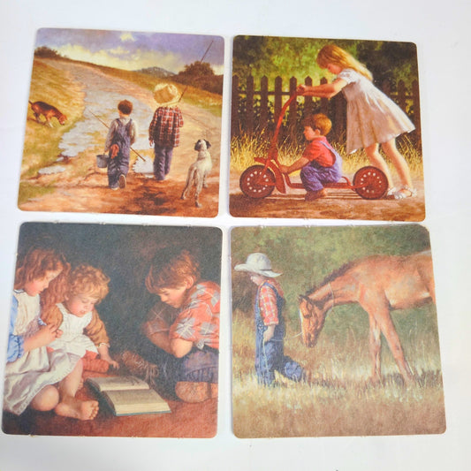 VTG Rustic Americana Kids Coasters Set of 4 Reversible Country Scenes NEW