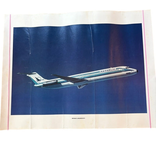 VTG  80's Republic Airlines DC-9 Plane Poster Blue & White 22 x 17" Aviation Art