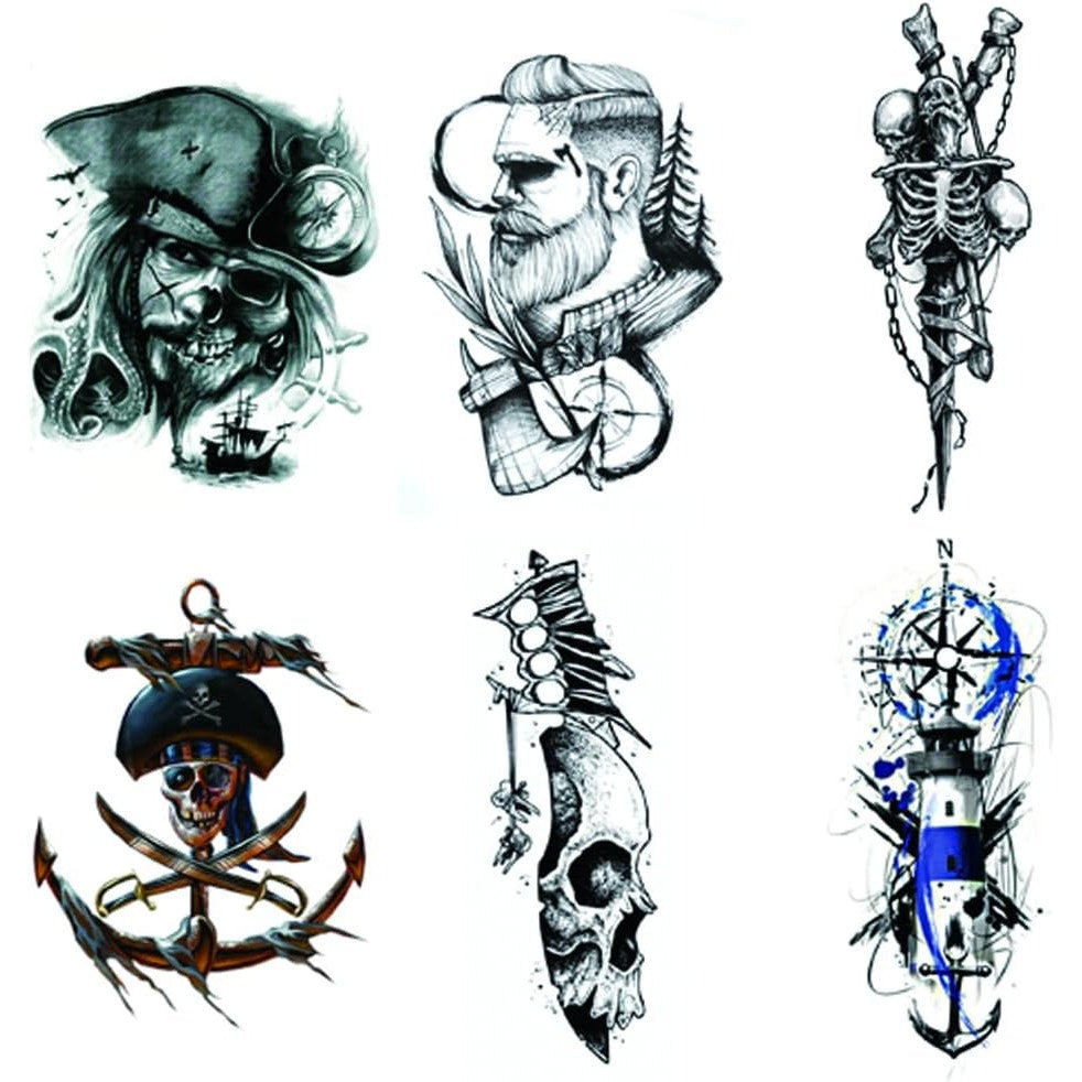 24 Sheets Pirate Skull Temporary Tattoos - Waterproof, Fake Body Art Stickers