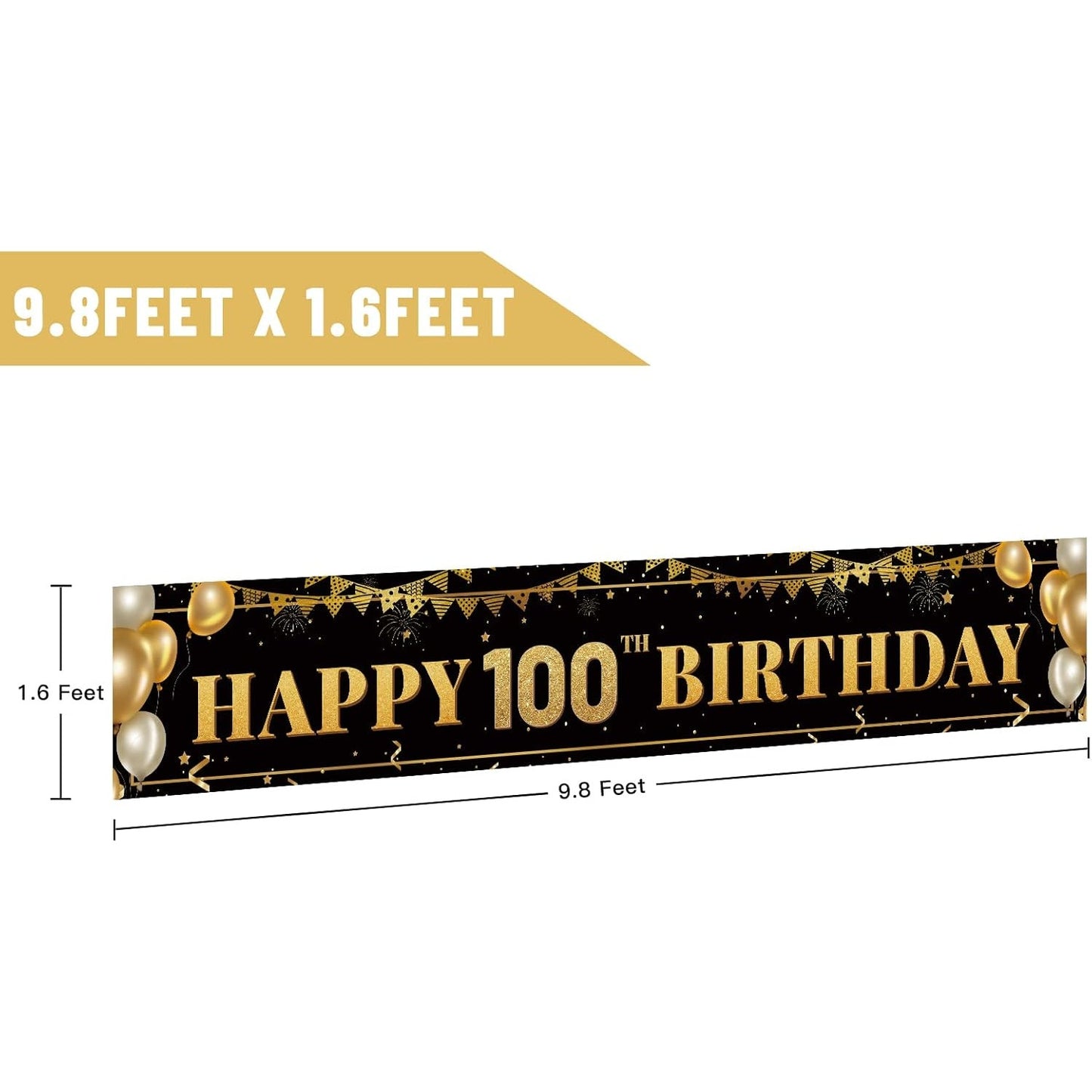 Happy 100th Birthday Banner 9.8×1.6 ft Black Gold Party Decoration Sign