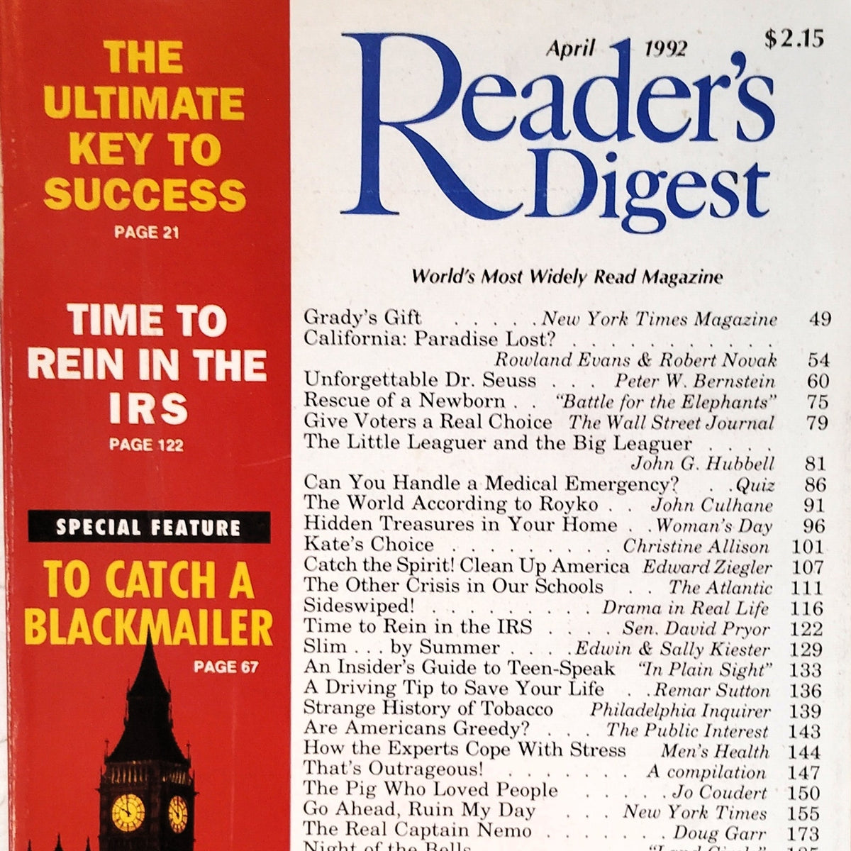 Reader's Digest April 1992 Vintage Magazine - Dr. Seuss, Time to Rein in the IRS