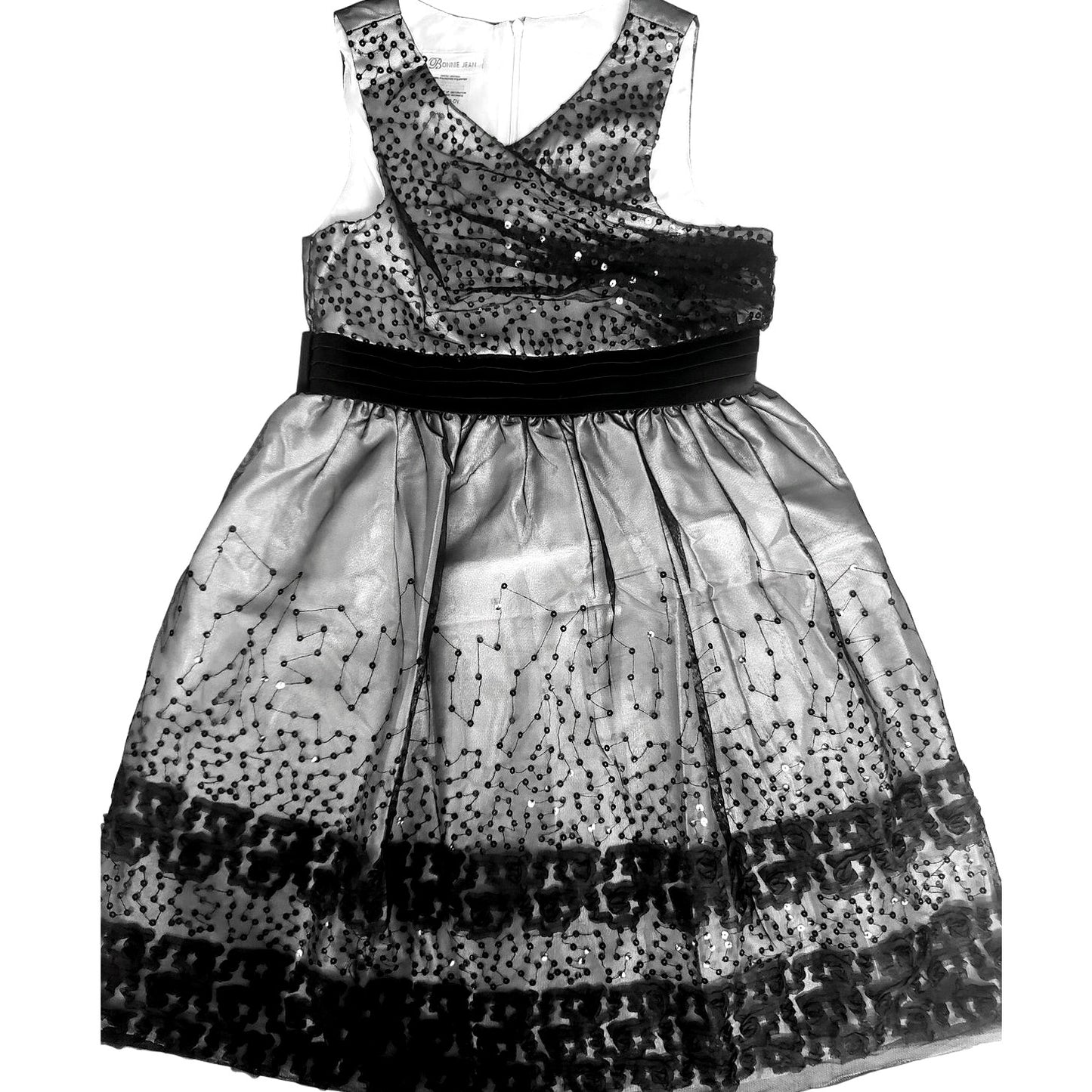 Bonnie Jean Big Girls' Sheer Bonaz Trim and Sequin Border Knee Length Dress, 14