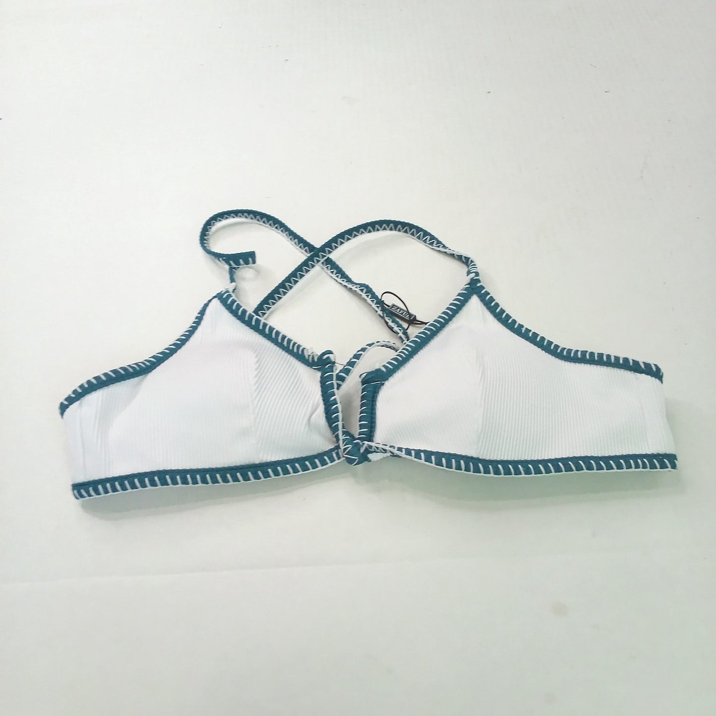 Zaful White Ribbed Triangle Bikini Top Blue Whip Stitch Trim Women’s SM (US 4)