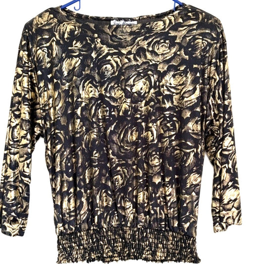 Jeri Marque Vintage Black Gold Metallic Rose Print Long Sleeve Top Medium