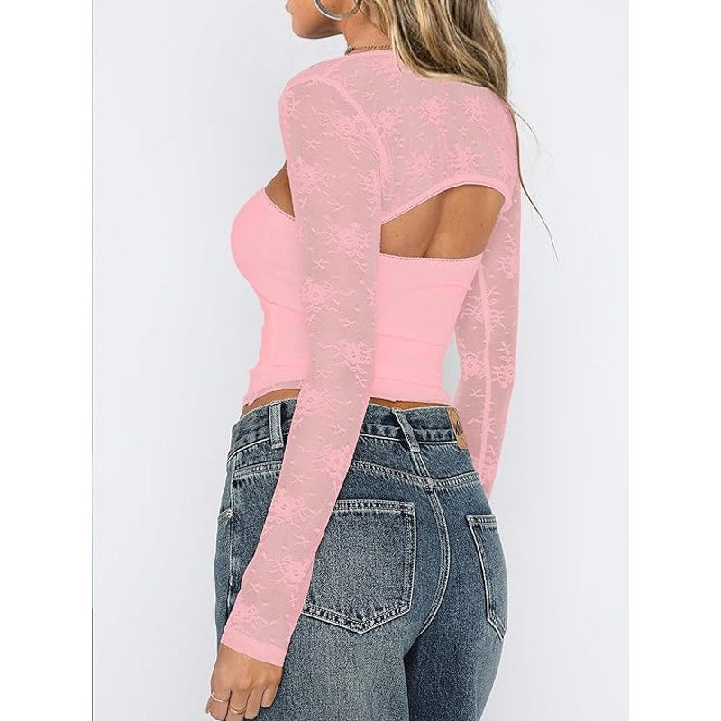 Lace Long Sleeve Square Neck Crop Top Shirt Strapless Tube Top & Bolero Set, SM
