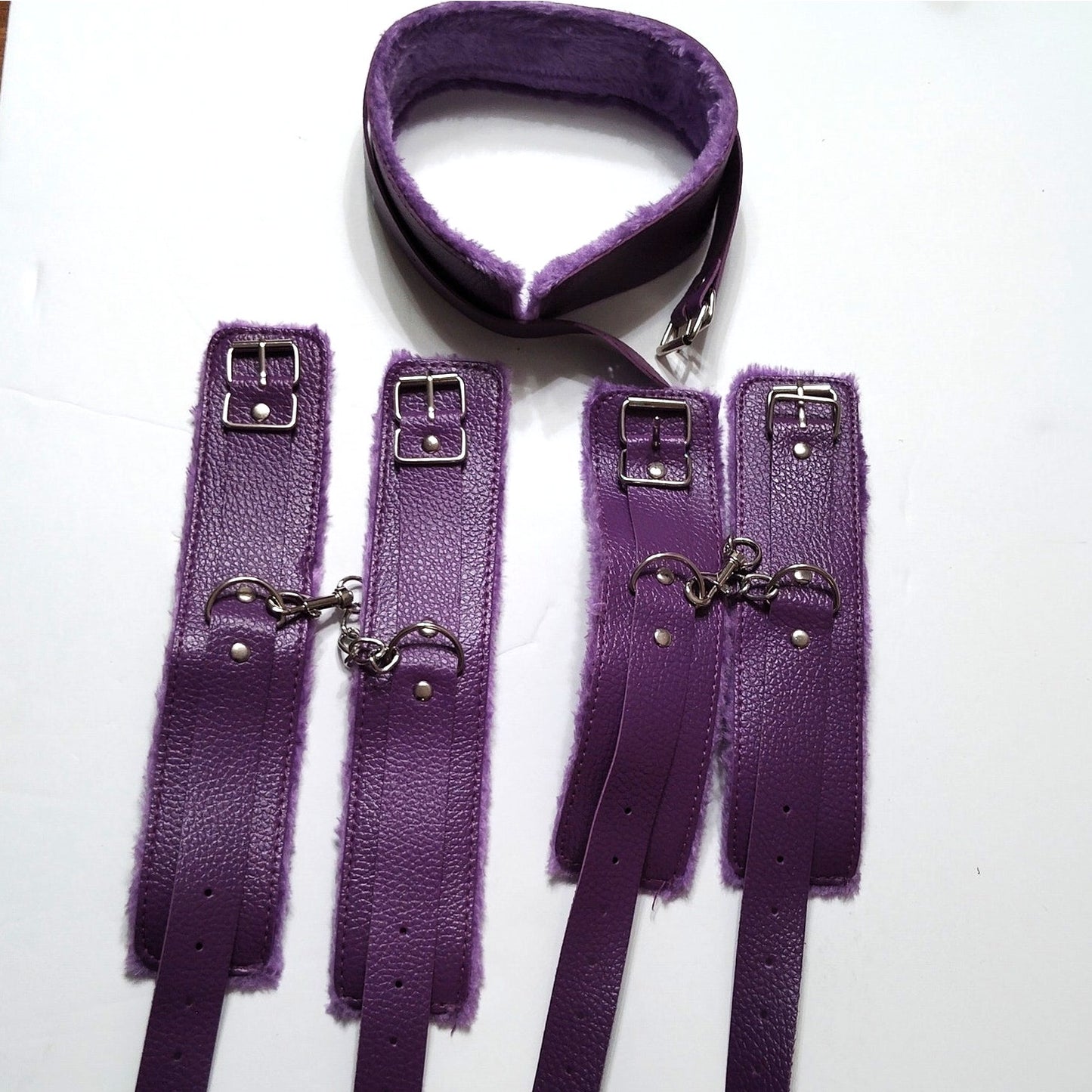 Purple Cosplay Accessory Set Hand Cuffs Leg Cuffs Mask Collar Leash Flogger Rope