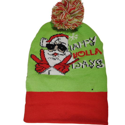 Light Up Holiday Winter Skull Cap "Happy Holla Days" LED Pom Beanie Hat Adult OS