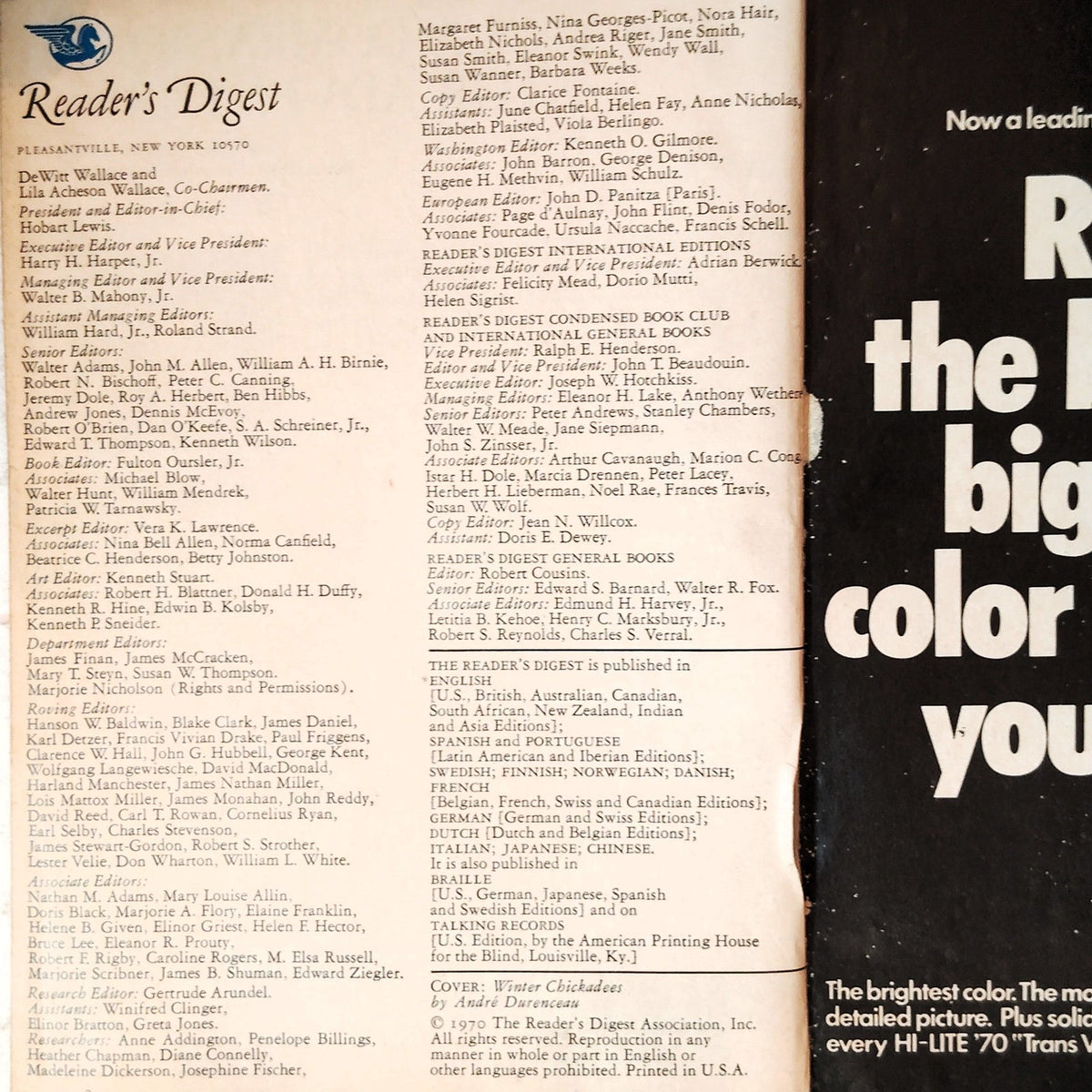 Reader's Digest February 1970 Magazine Winter Chickadees, Tragic Fall of Tibet