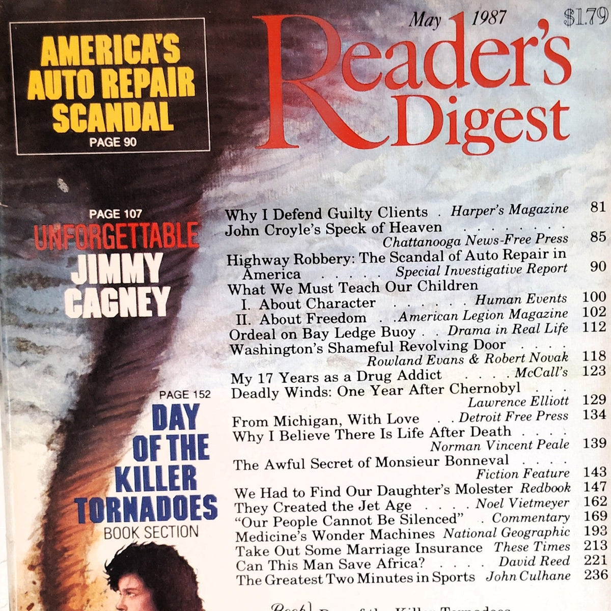Vintage Reader's Digest May 1987 Magazine - Jimmy Cagney Chernobyl Tornadoes