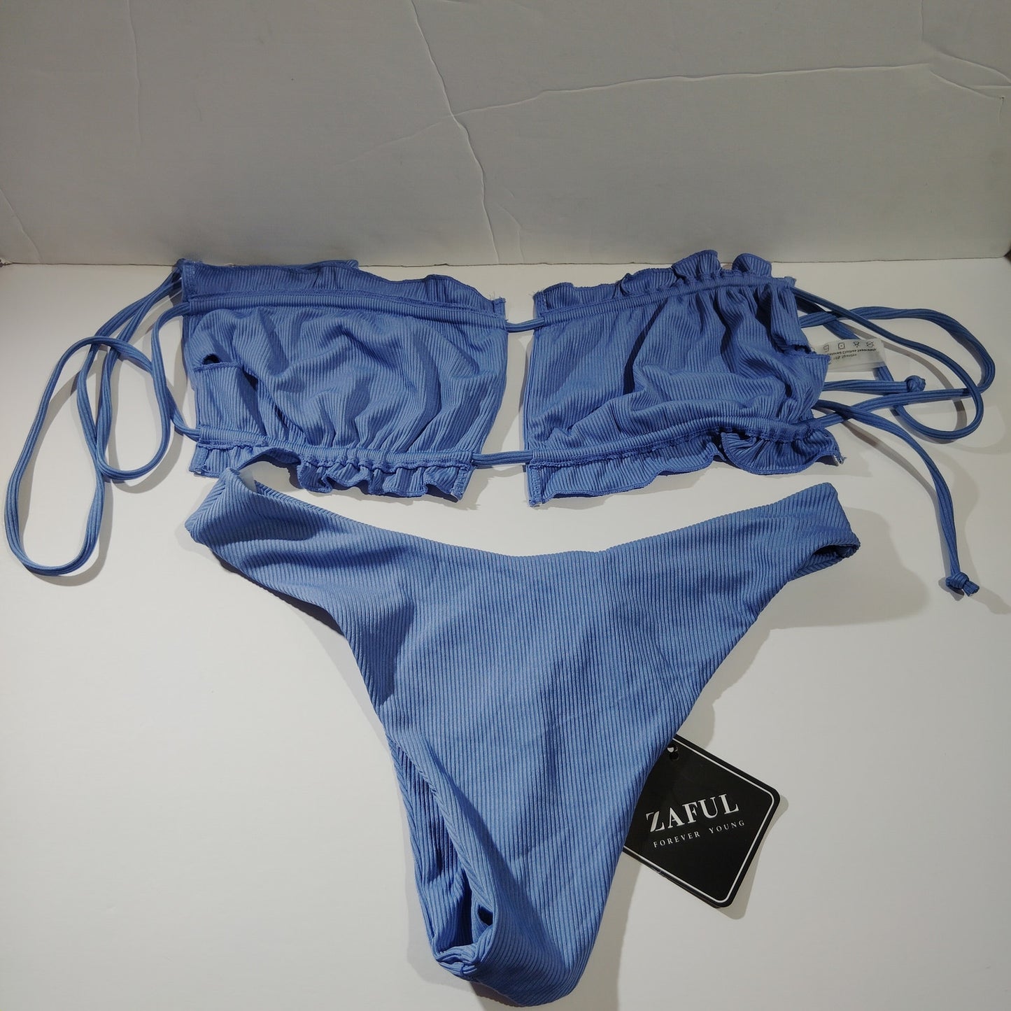 ZAFUL Women’s Ruffle Ribbed Self‑Tie Bandeau Bikini Set – Blue – Small (4) – NWT