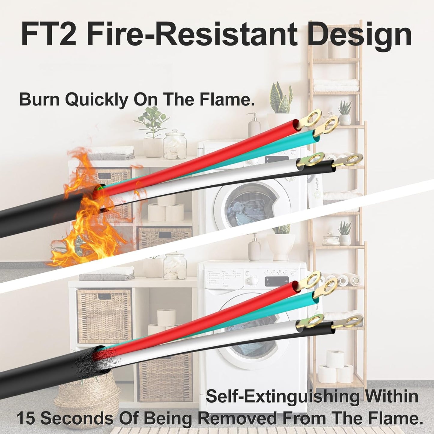 4-Prong Dryer Power Cord 30A, 5 Ft, 4-Color Wires, O-Ring Terminals, Pure Copper