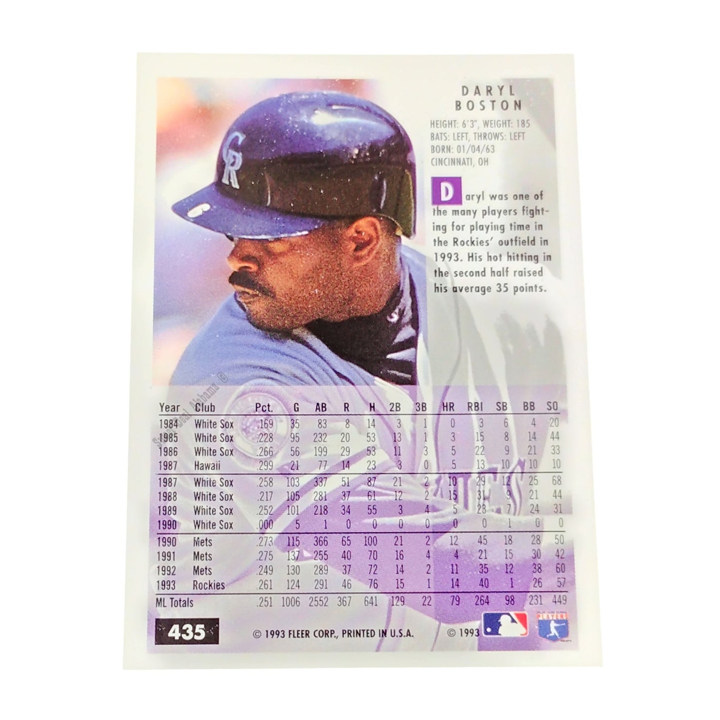 Daryl Boston, Colorado Rockies, #435, 1994 Fleer Baseball Collector's Card