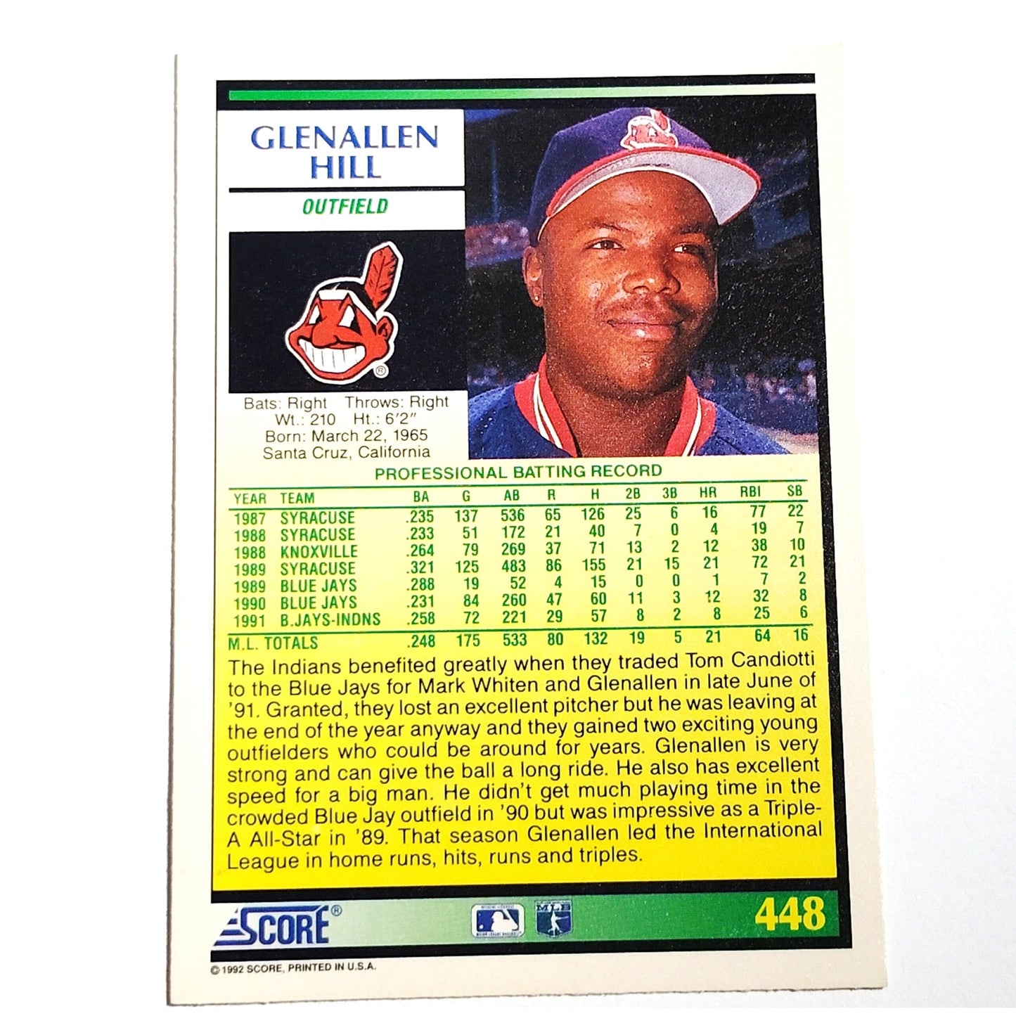 1992 Score Glenallen Hill #448 Cleveland Indians Outfielder MLB Baseball NM