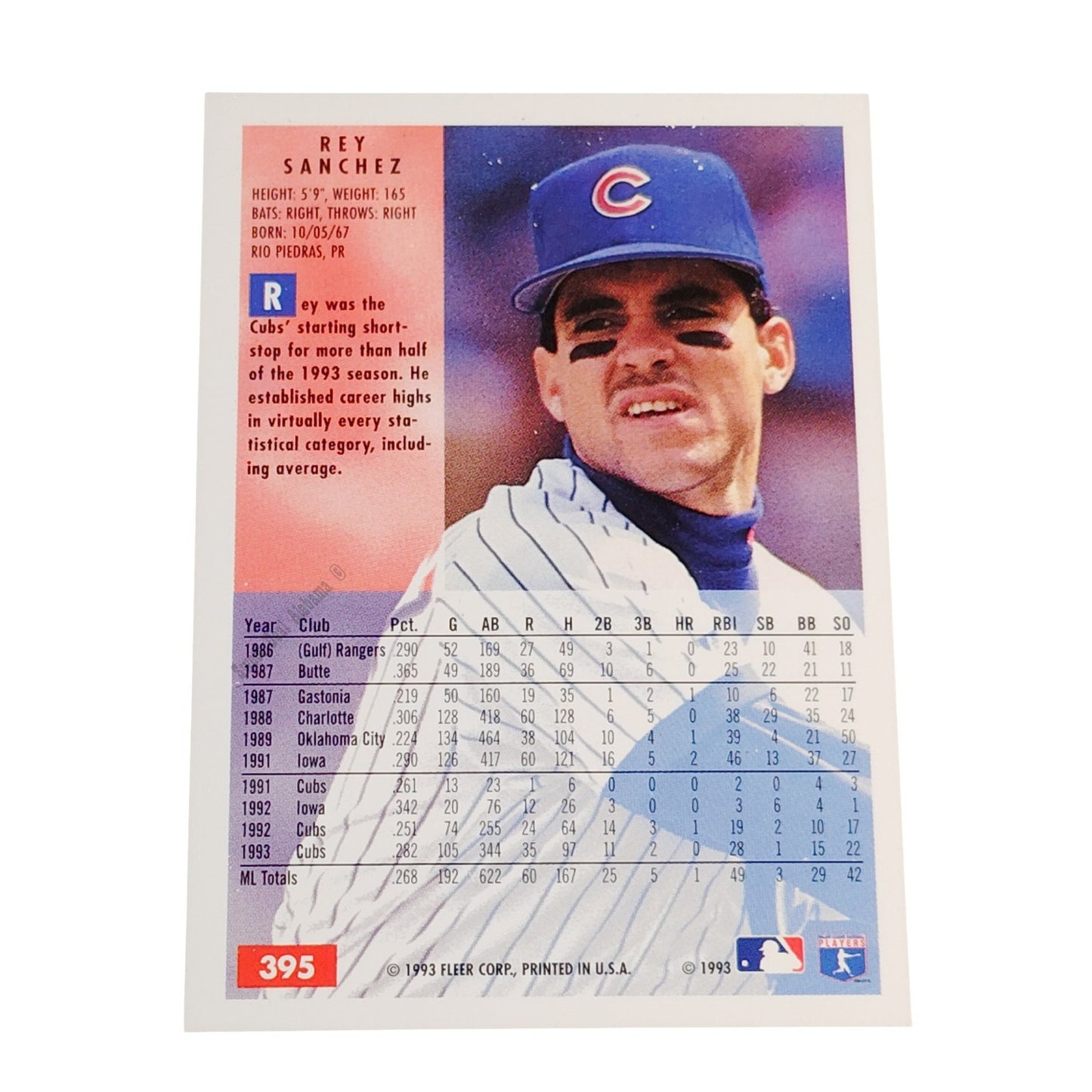 Rey Sanchez, Chicago Cubs, #395, 1994 Fleer Baseball Collector's Card