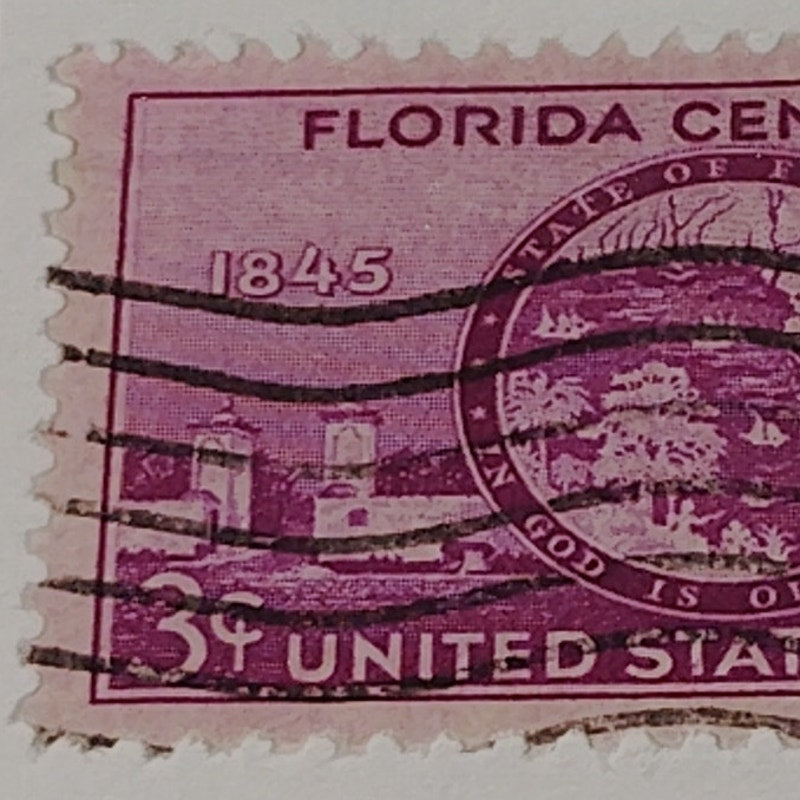 1945 3¢ Florida Statehood Stamp, Scott 908 – Centennial Issue – Seal & Landmarks