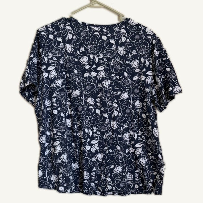 Blair Women's Navy Blue White Floral Print Short Sleeve Top Size L Crewneck