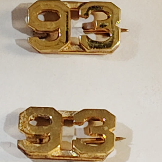 Early/Mid 1900s Brass C-Clasp "93" Collar Devices 3/8"H Hat / Lapel Pins Set