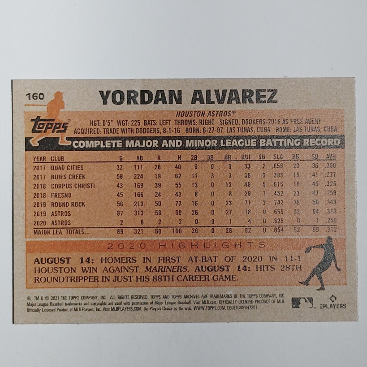 2021 Topps #160 Yordan Alvarez Houston Astros DH/Outfielder - VG/EX