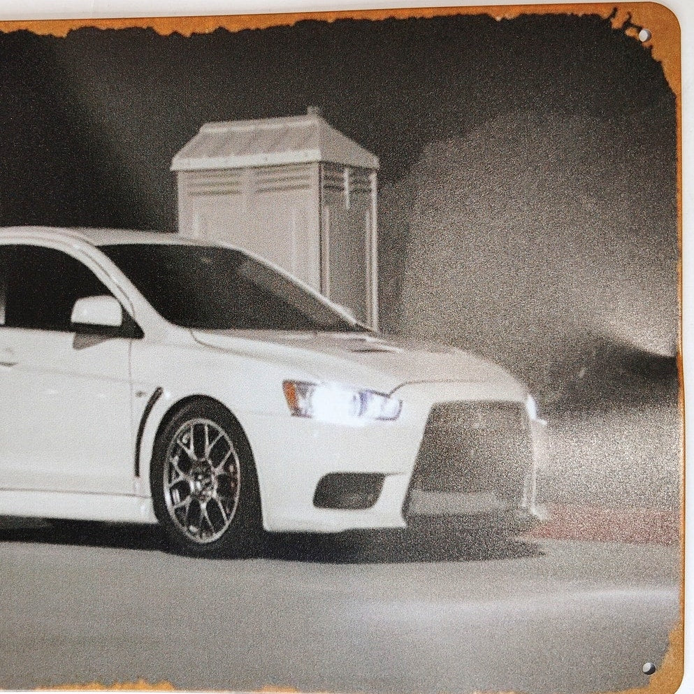 Mitsubishi Evo X MR Tin Sign 12×8 White Car Night Scene Metal Wall Art Decor