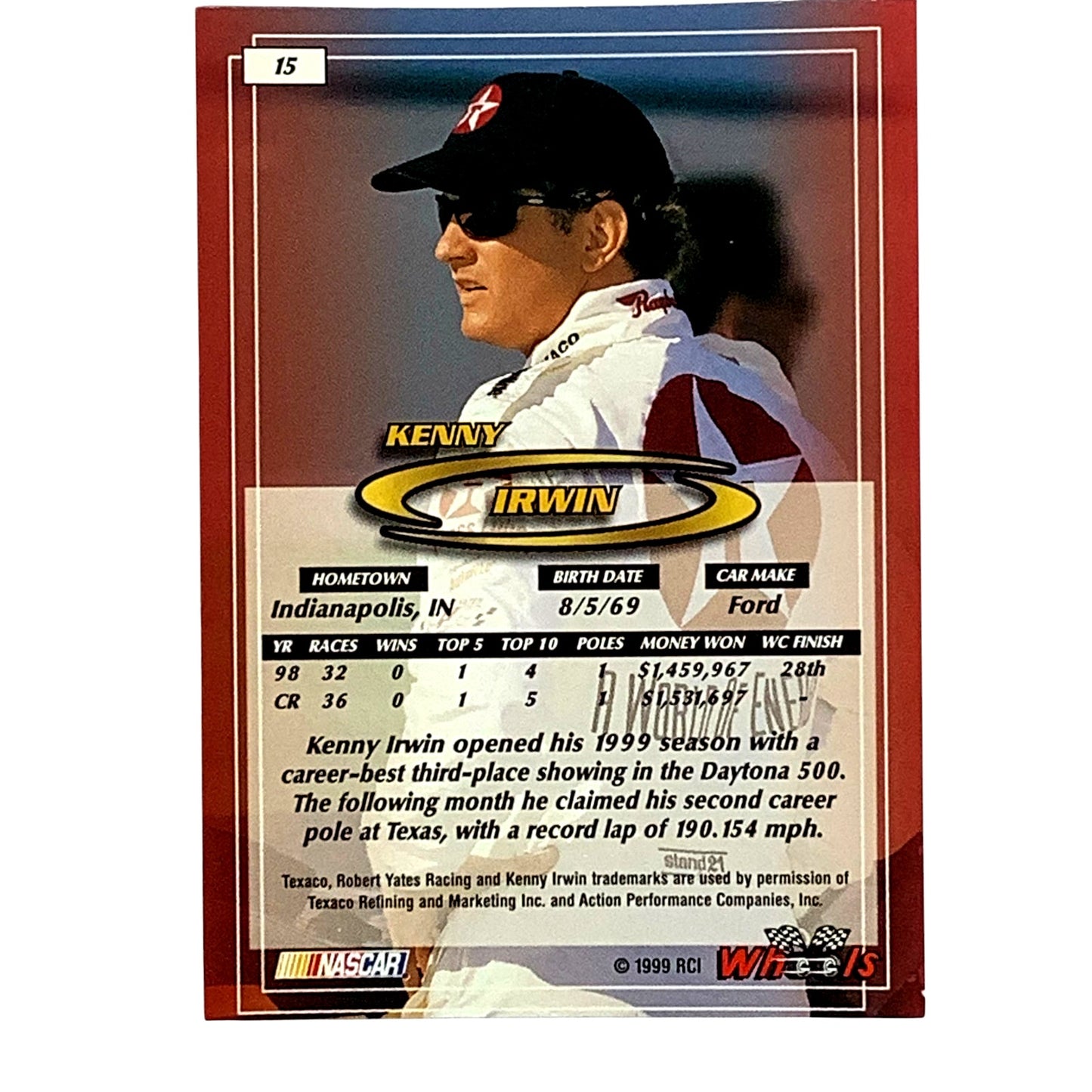 Kenny Irwin, Sponsor: Texaco, Card 15, 1999 Wheels NASCAR Winston Cup, NM+