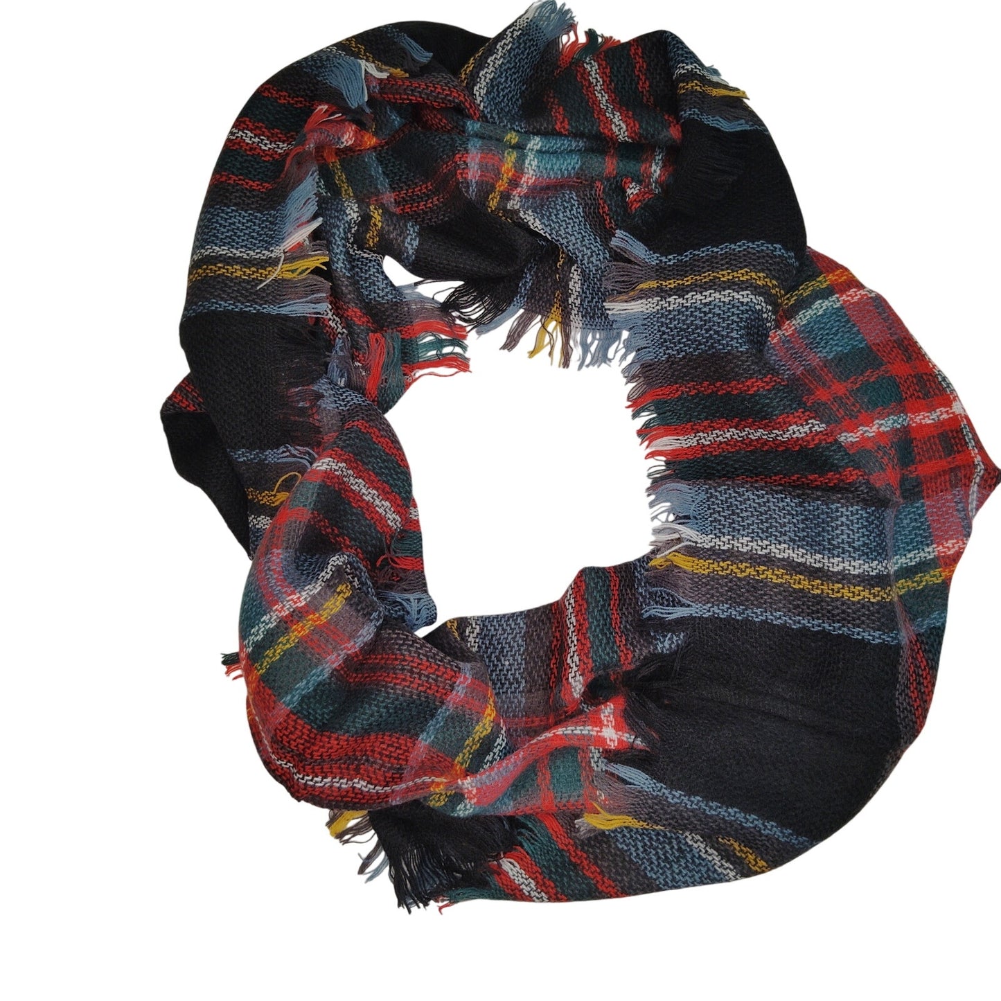 Lucky Leaf Infinity Scarf w/ Tassels Lightweight 100% Acrylic Black/Green Plaid