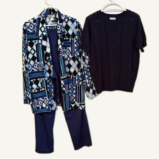 Vicki Wayne L 3PC Navy Openwork Sweater & Lori by AM Casuals 16 Pants Set