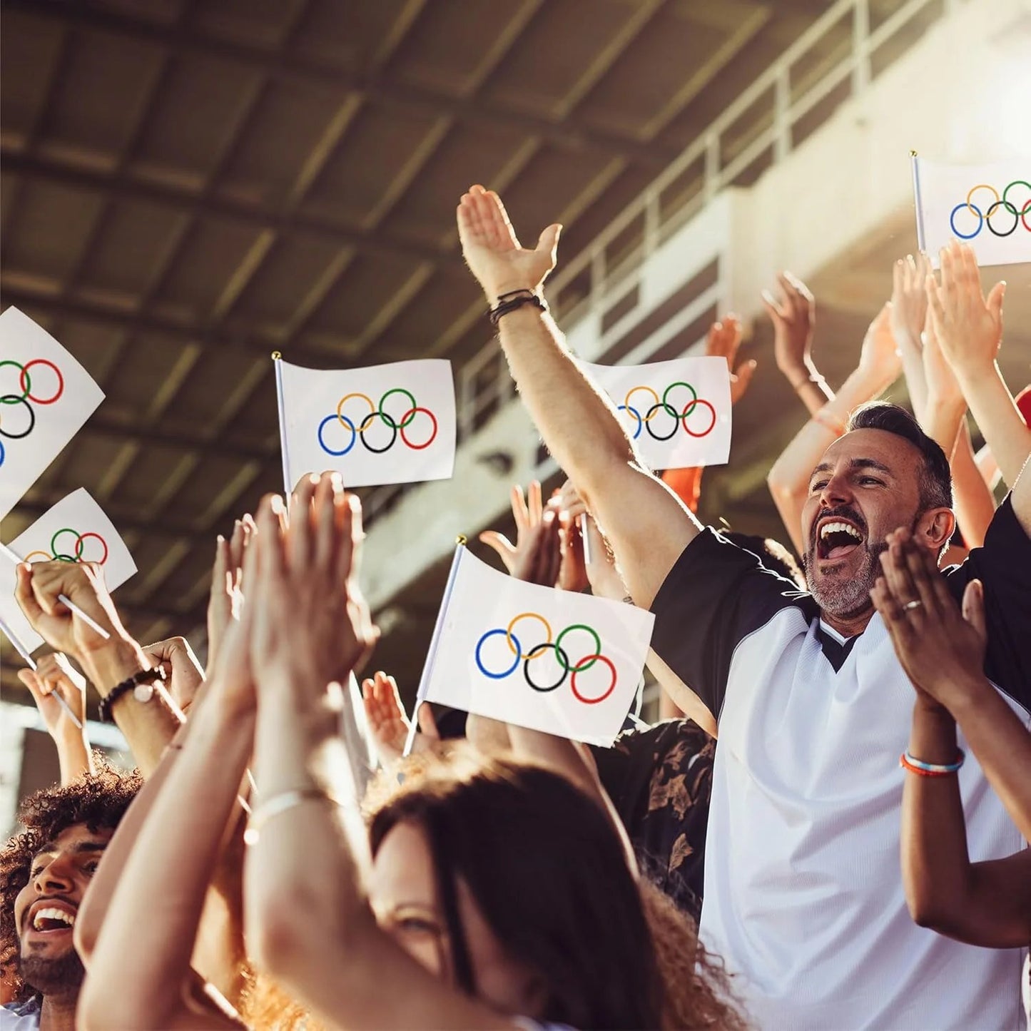 5x8 Inch Mini Olympic Rings Stick Flags, 20 Pack