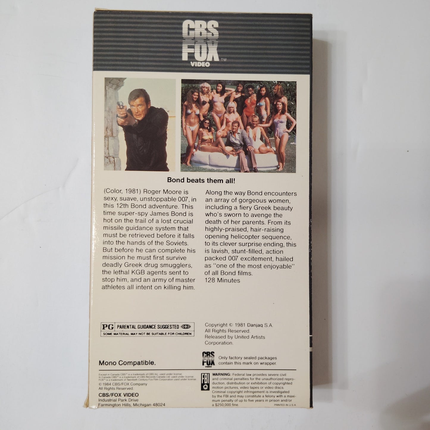 For Your Eyes Only VHS 1981 Roger Moore James Bond Original 1984 CBS/FOX Release