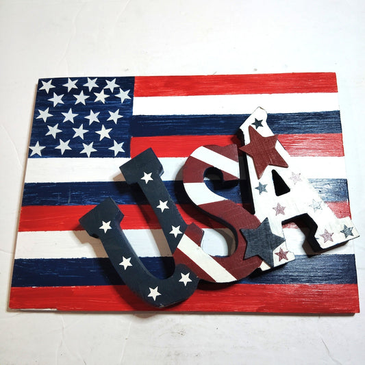 Handmade Rustic Wood USA Flag Plaque Patriotic Wall Decor 13.5x10.25