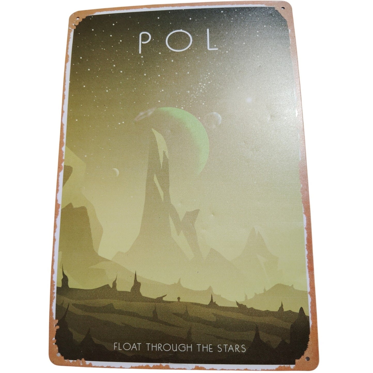 Retro Tin Sign “FLOAT THROUGH THE STARS” – 12x8 Vintage Space Travel Poster