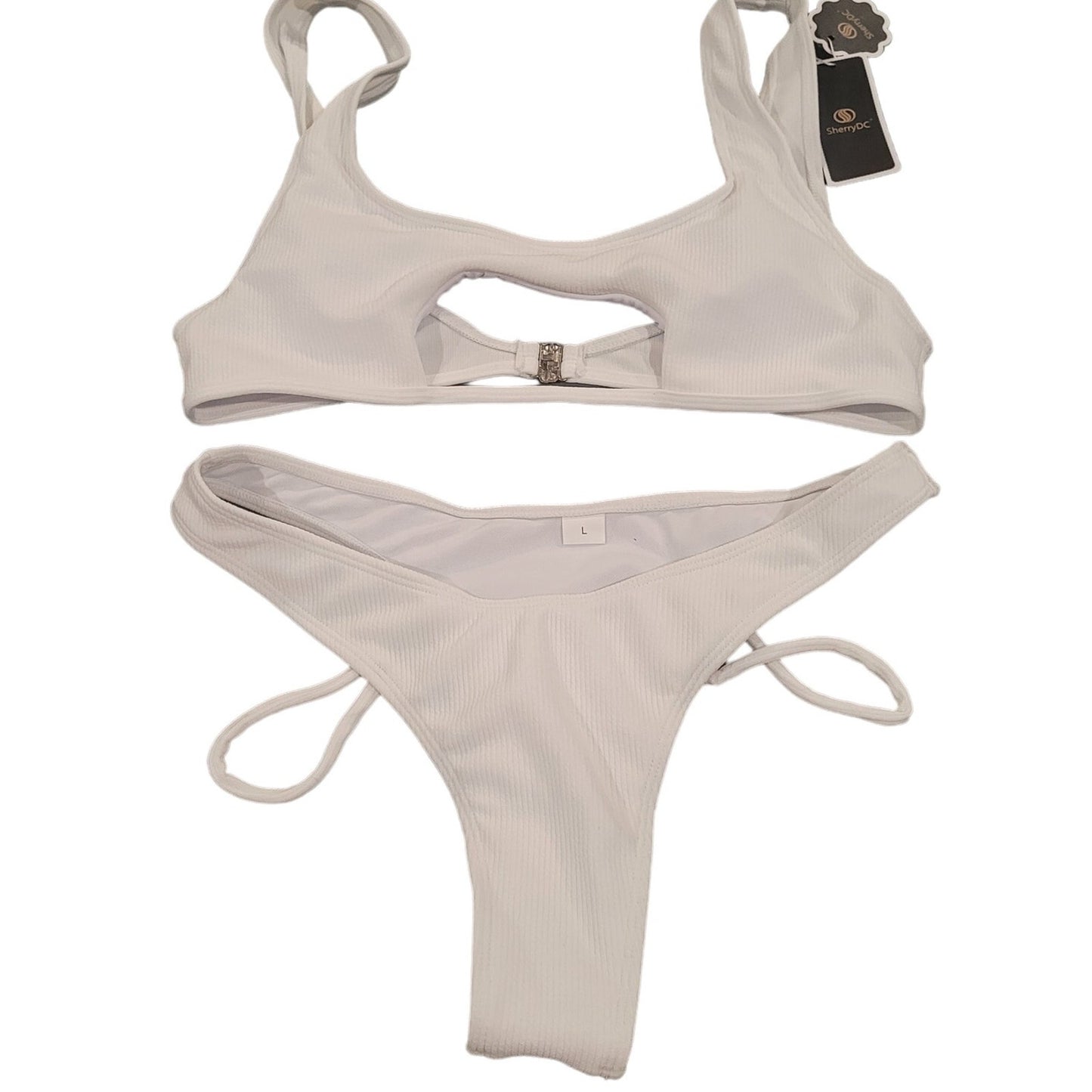 SherryDC Sexy Scoop Neck Padded Cutout Strappy Thong Bikini Set, White, S (2-4)