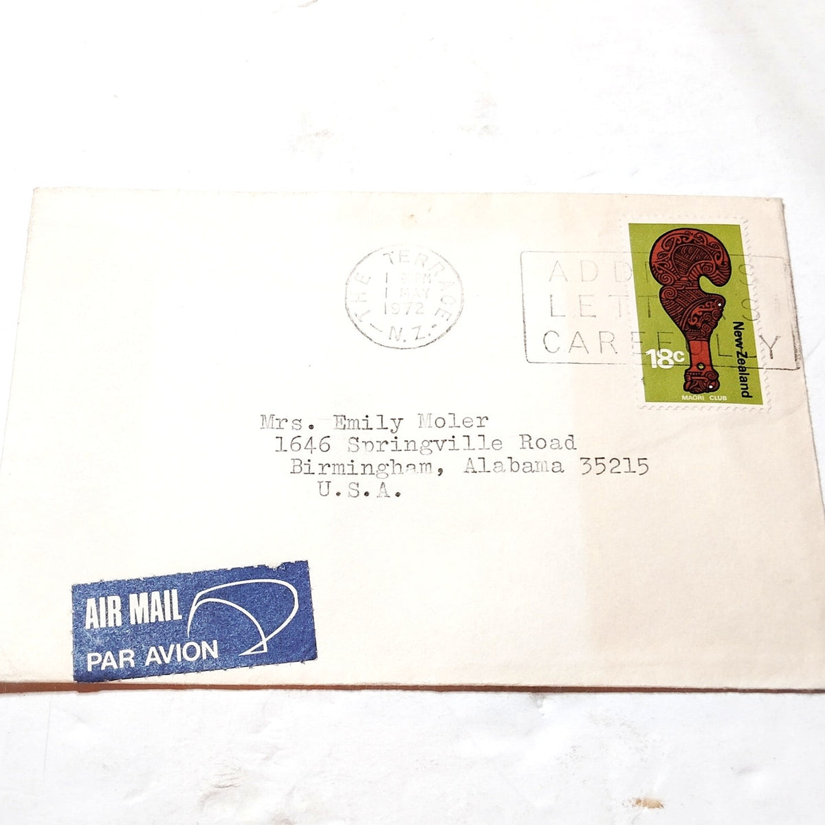 1972 New Zealand 18c Maori War Club Stamp on Cover w/ The Terrace Postmark