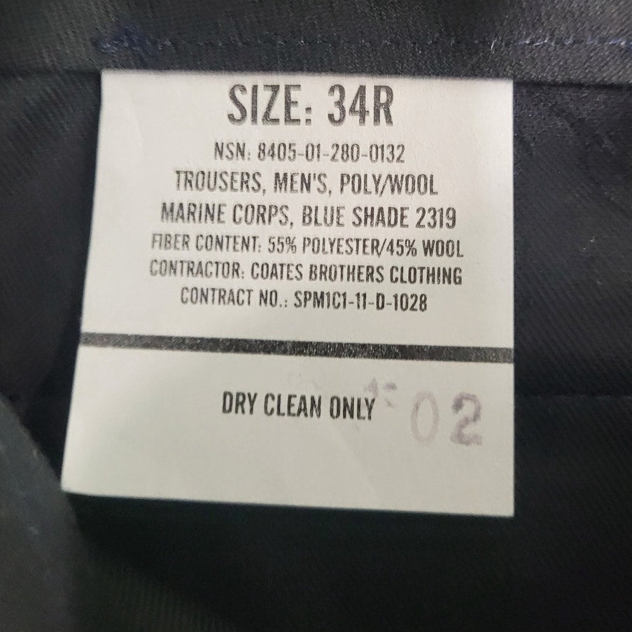 USMC Dress Trousers - 34R - Blue Shade 2319 - 55/45 Poly-Wool - Coates Brothers
