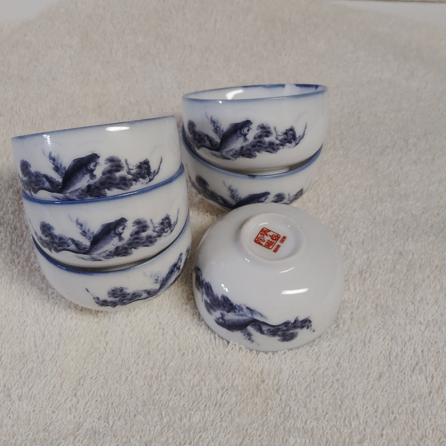 Huann Chern Taiwan Teaware Set Blue & White Porcelain Fish Motif Vintage 1986