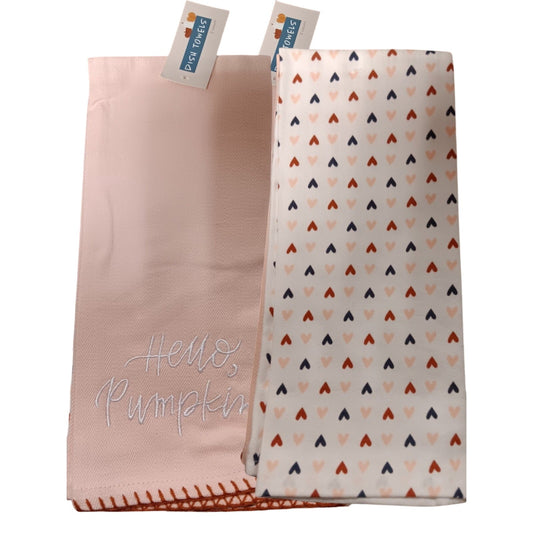 Kitchen Towels – Orange, 25" x 15", “Hello, Pumpkin” + Heart Patterned Towels