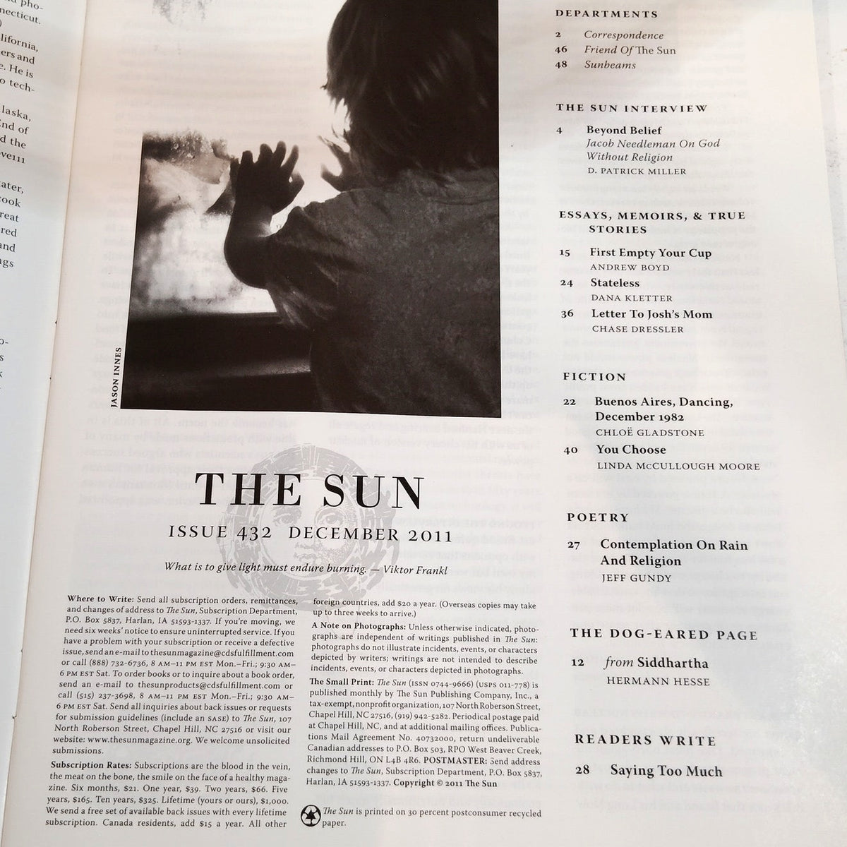 The Sun Magazine December 2011 Issue #432 - Literary Essays & Photography