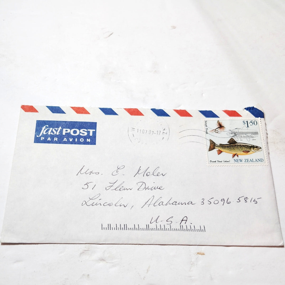 New Zealand 1997 Brook Trout $1.50 Stamp Airmail FastPost Cover to USA