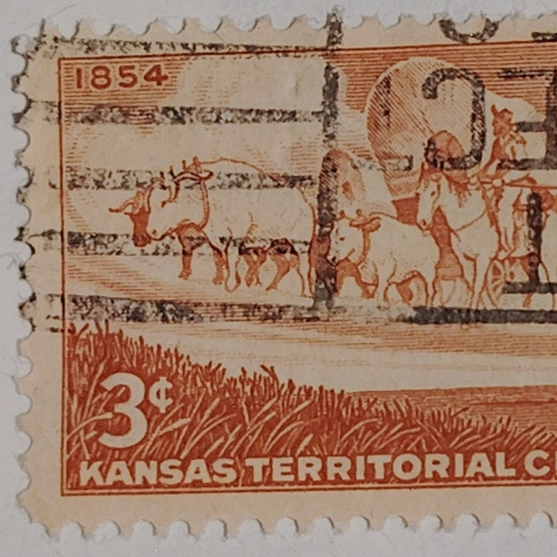 1954 3¢ Kansas Territorial Centennial Stamp – Scott #1061 – Covered Wagon & Oxen