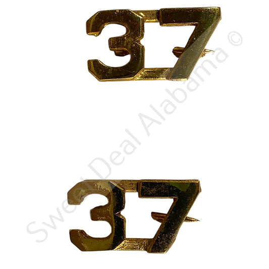 WWI Era Numeric "37", Brass Military C-Clasp Hat / Lapel / Collar Pins Set 3/8"H