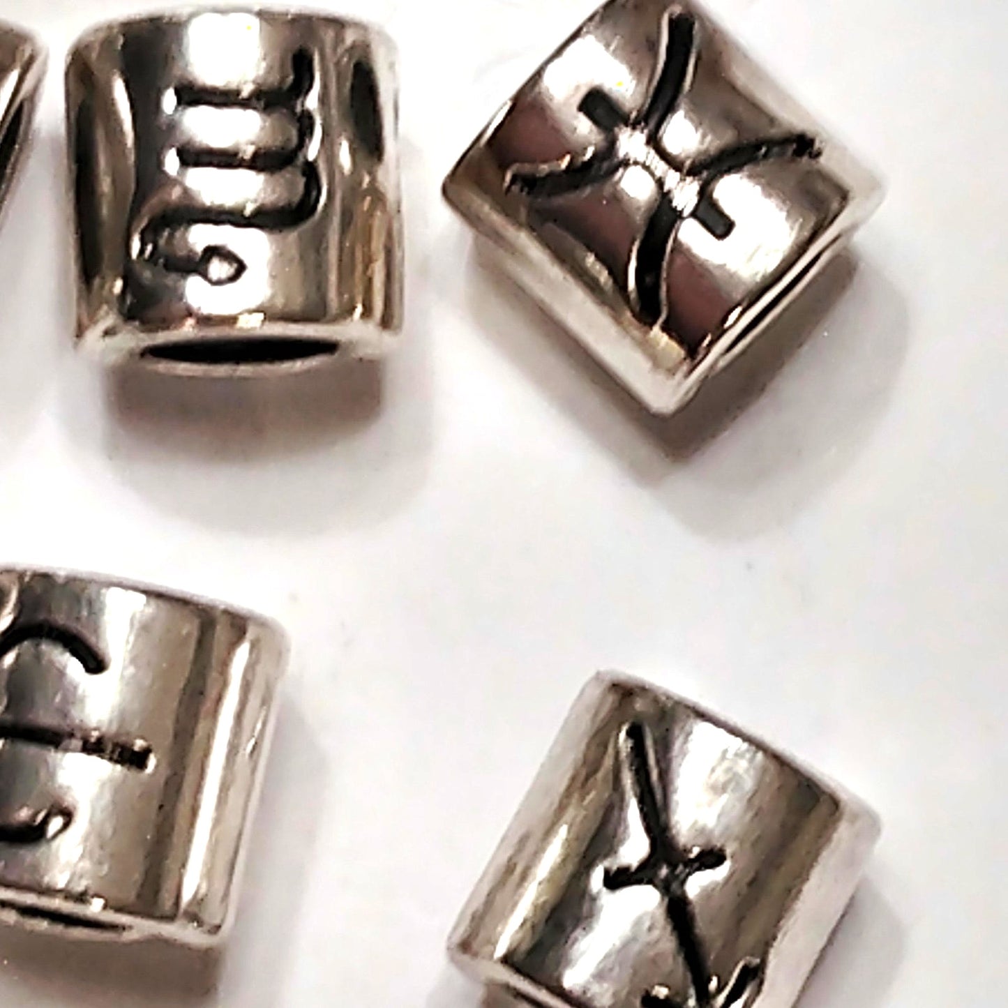 13‑Pack Zodiac Cylinder Beads Patinated Silver‑Tone Large‑Hole 7.5mm DIY Jewelr