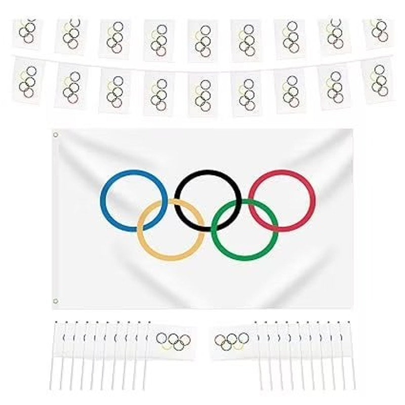 5x8 Inch Mini Olympic Rings Stick Flags, 20 Pack