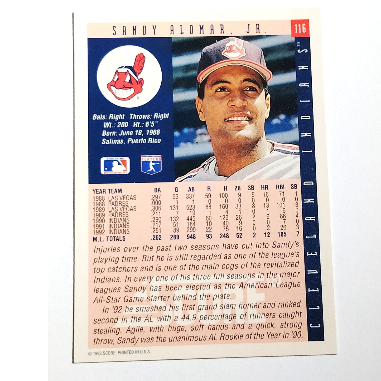 1993 Score Sandy Alomar Jr #116 Cleveland Indians C MLB Baseball Card NM