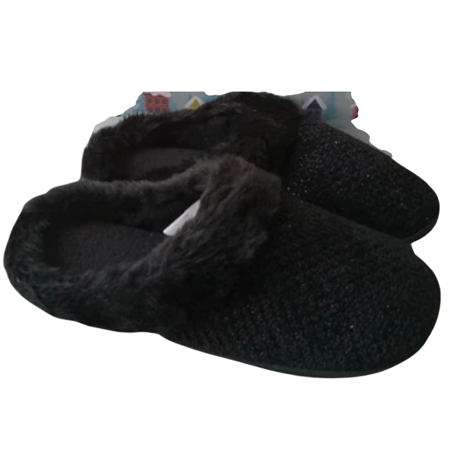 Totes Women’s Large 8‑9 Black Sparkle Faux Fur Memory Foam Slippers