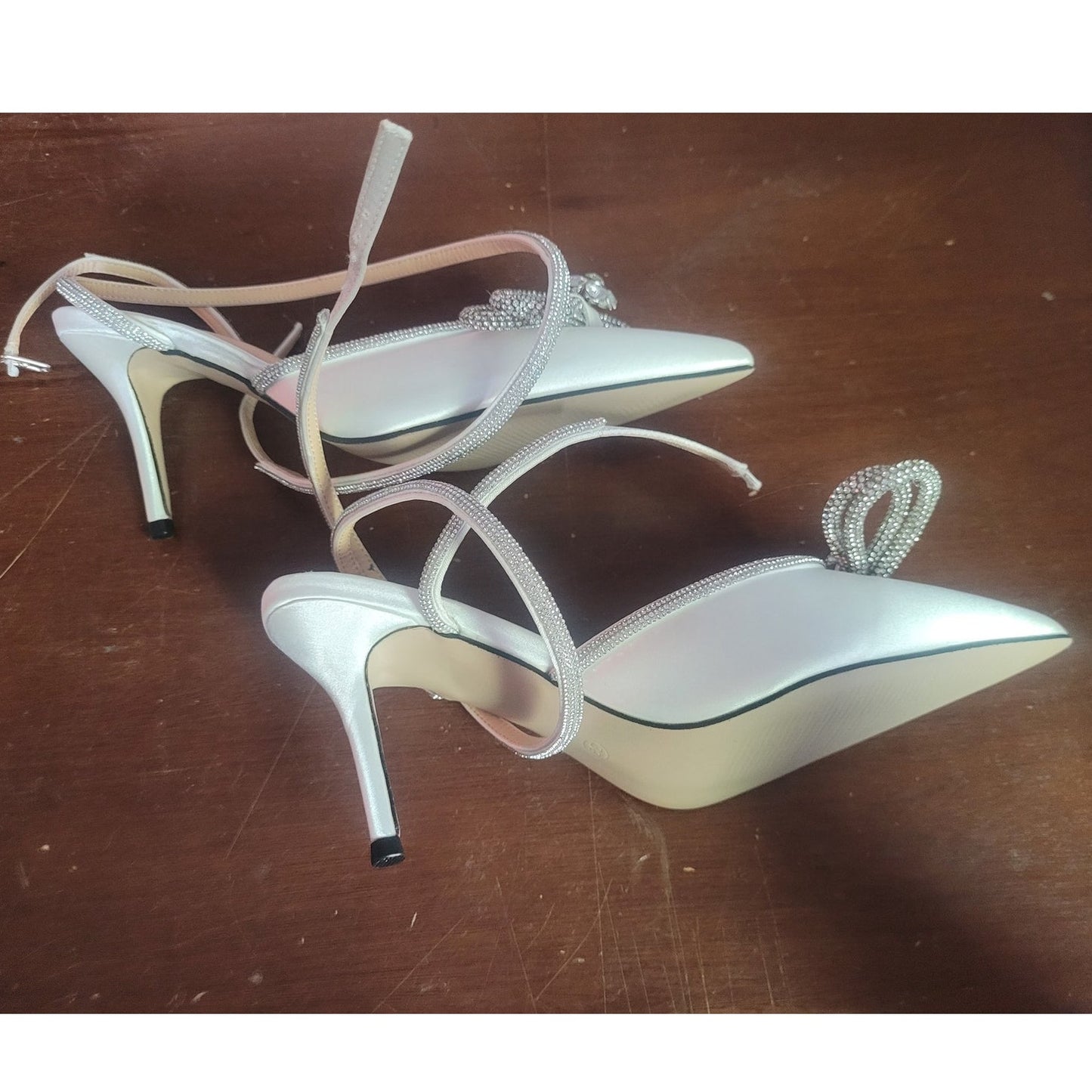 VETASTE Double Bow Crystal Stilettos, Silver, Women’s 9, Pointed Toe Satin Heels