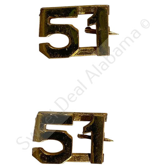 c.1910s Numeric "51", Brass Military C-Clasp Hat / Lapel / Collar Pins Set 3/8"H