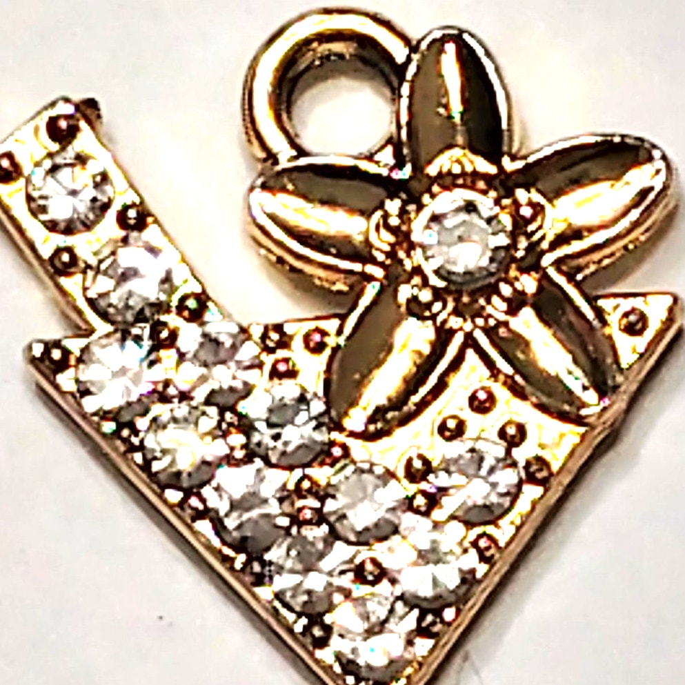 Martini Cocktail Charm Gold‑Tone Crystal‑Filled Glass w/ Floral Accent 5/8"