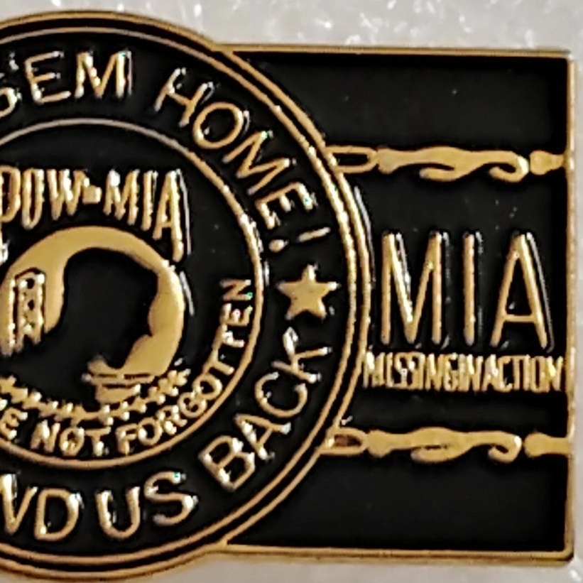 Bring ’Em Home Or Send Us Back POW/MIA Novelty Hat Lapel Pin, 1‑1/8"W × 5/8"H