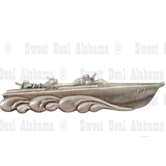 Large PT Boat, Patinated Silver Finish Hat, Lapel, Brooch Pin 2-1/2"W x 5/8"H